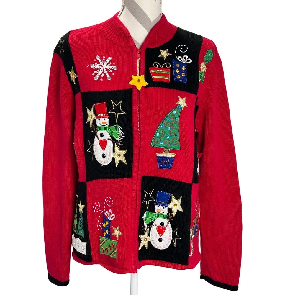 Vintage Beaded Ugly Christmas Sweater Jacket Full Zip Cardigan‎ Patchwork Large